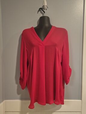 Renuar Bright Red Flowy V-Neck Long Sleeve Blouse Size Medium